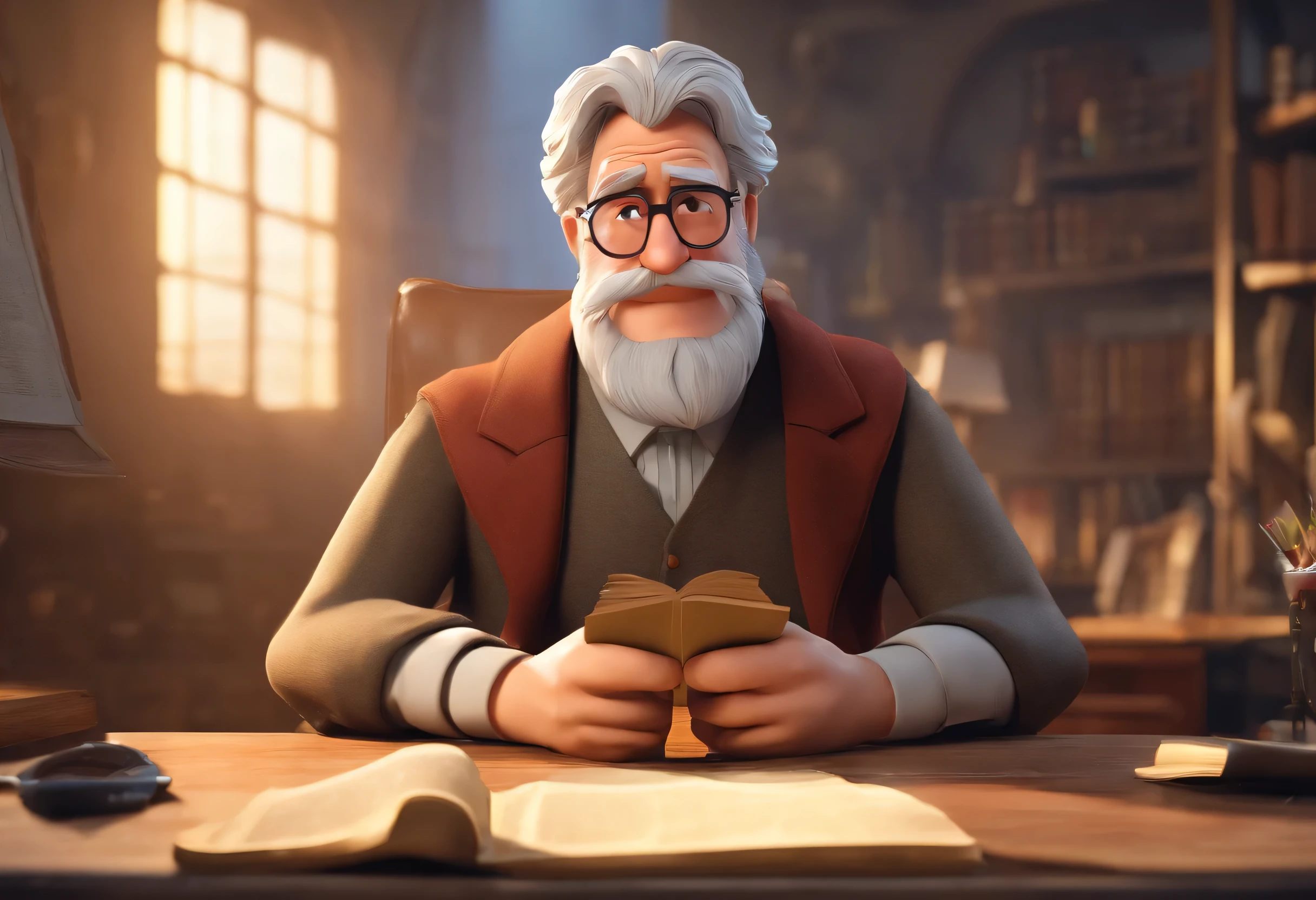 Crie um cartaz inspirado na Disney Pixar com o personagem sendo o pastor Rubens Janier, A gray-haired man wearing glasses, in an office with a Bible on the table, Looking forward and serious