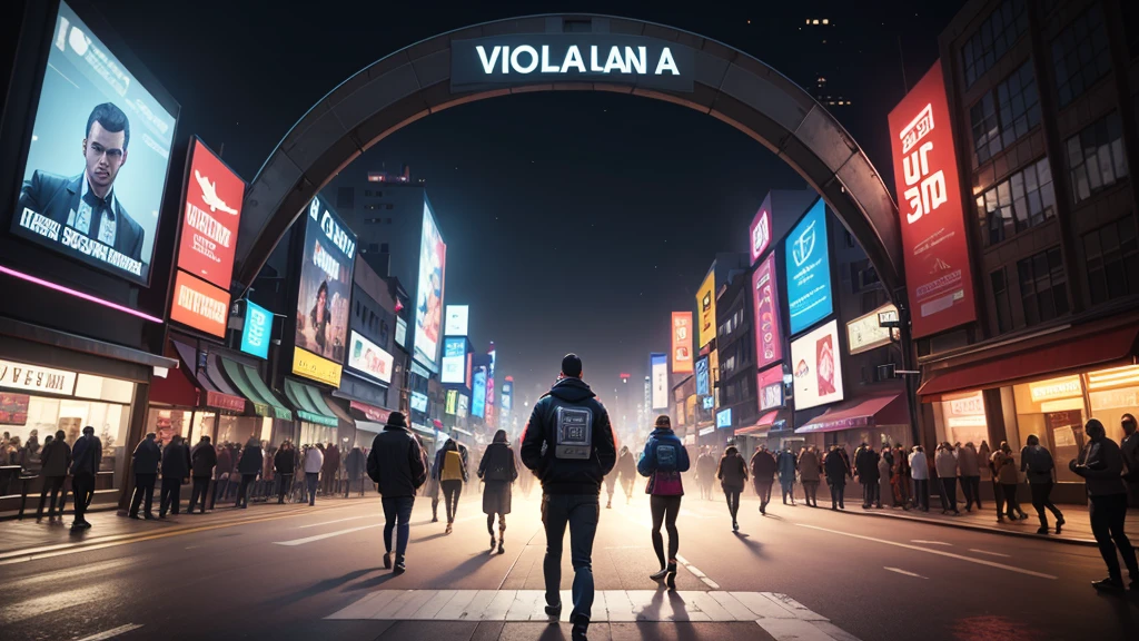 A bustling street filled with many people walking and interacting, rendered in the style of GTA 5 with a touch of realism. Above each person's head, there is a holographic overlay displaying a unique identification number. The holograms are brightly colored and semi-transparent, floating just above the heads of the people in a way that resembles futuristic augmented reality displays. The scene is lively and vibrant, capturing the essence of a busy urban environment. The overall aesthetic combines the distinct, slightly exaggerated visual style of GTA 5 with realistic elements to enhance the immersion.