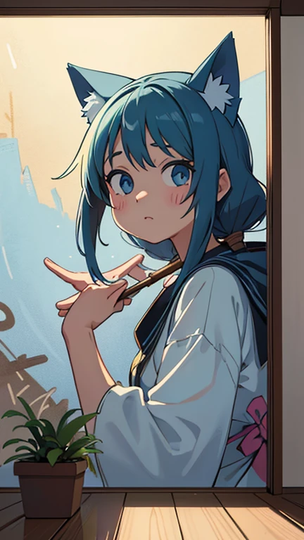 mural, mural, Graffiti on the wall. バンダナを巻いたギャング風のブラジル人女性のグラフィティmural. Happy color palette. 猫は袋の中にいる 少女が路上でmuralを見ている. The scene is illuminated by natural light. Realistic Ray Tracing