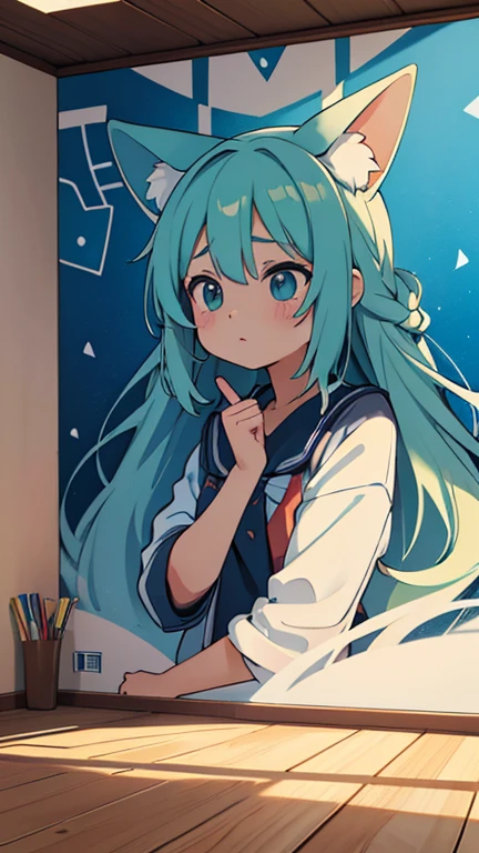 mural, mural, Graffiti on the wall. バンダナを巻いたギャング風のブラジル人女性のグラフィティmural. Happy color palette. 猫は袋の中にいる 少女が路上でmuralを見ている. The scene is illuminated by natural light. Realistic Ray Tracing