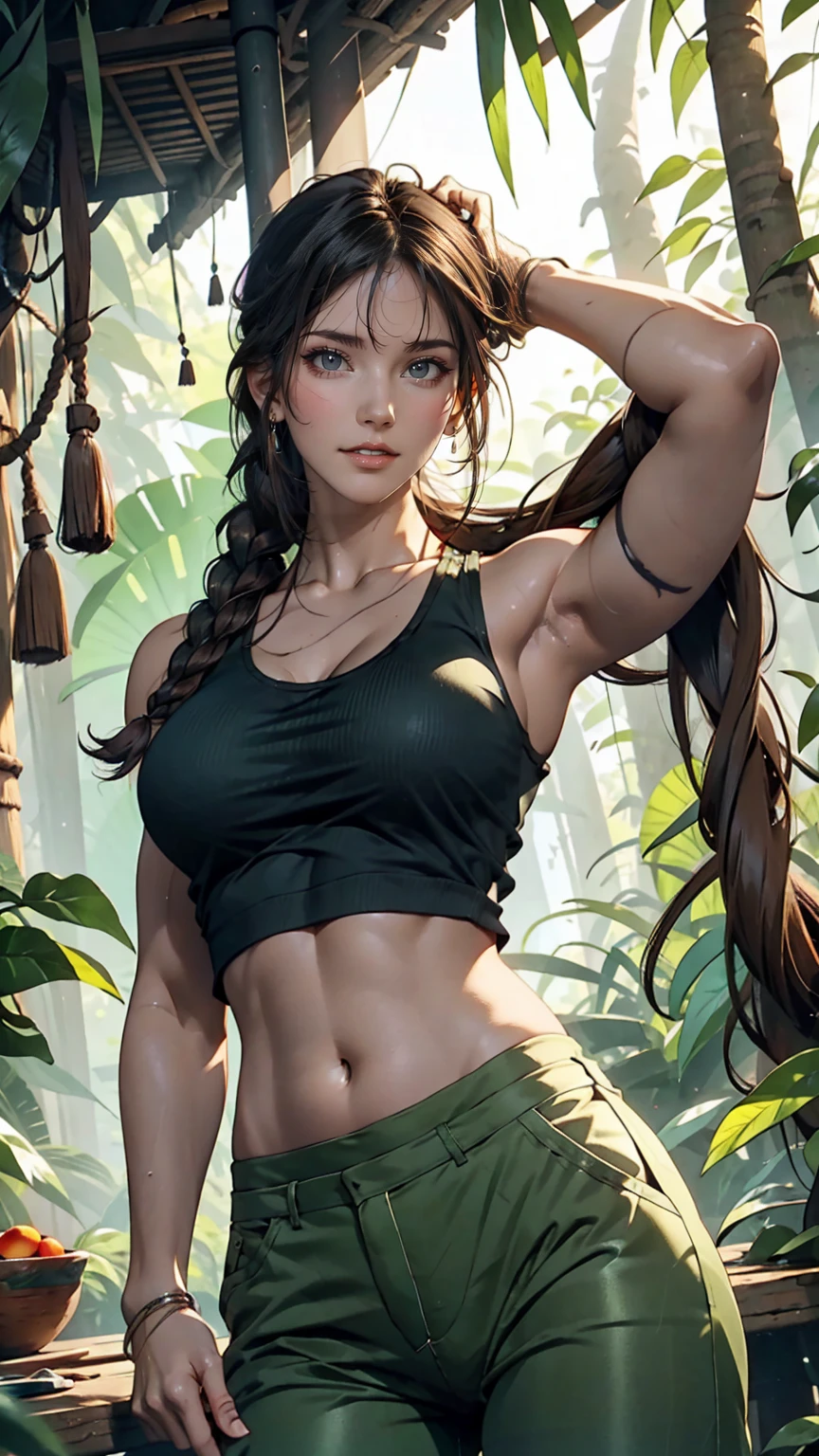 Lara Croft from Tomb Raider、Wear a dark green tank top、I can see my belly button、Wearing dark green hot pants、In the jungle、Brown Hair、Iris、Let the braids flow over your shoulders