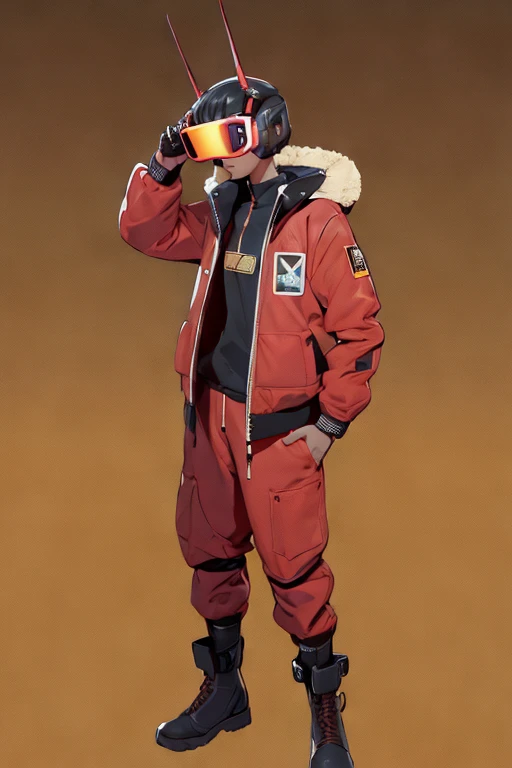full body image, (ultra detailed,ultra high res,detailed background),((2D)),((flat color)),((muted color)), 1solo, looking at viewer, baggy red flight suit, large shearling collared bomber jacket, (big yellow galoshes), plush collar, full body image, wearing vr goggles, ((baron desert intricut background)), ((apocalyptic city)), entire body in frame, ((drone next to her))