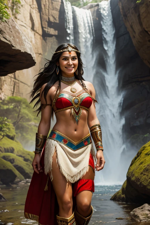 Araffe woman in native costume walking in front of a waterfall, Pocahontas, smile, retrato de un joven Pocahontas, retrato de Pocahontas, warrior dress, Warrior woman, Warrior Princess, amazon warrior, cave woman, dwayne johnson as wonder woman, Aztec warrior goddess, una hermosa Warrior woman, native american, tribal clothing, aztec princess portrait