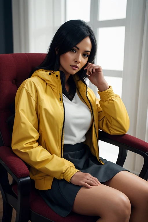 Arafed woman sitting on a chair wearing a yellow jacket and a gray skirt., additional details, additional detail, Extra sharp, extra - details, extra cheese, extra high resolution, extra crisp, extra crisp image, additional detailed, promotional art, extra wide, Editorial image, by Ric Estrada, natasha tan maciej kuciara, extra limbs, editorial portrait, editorial photography