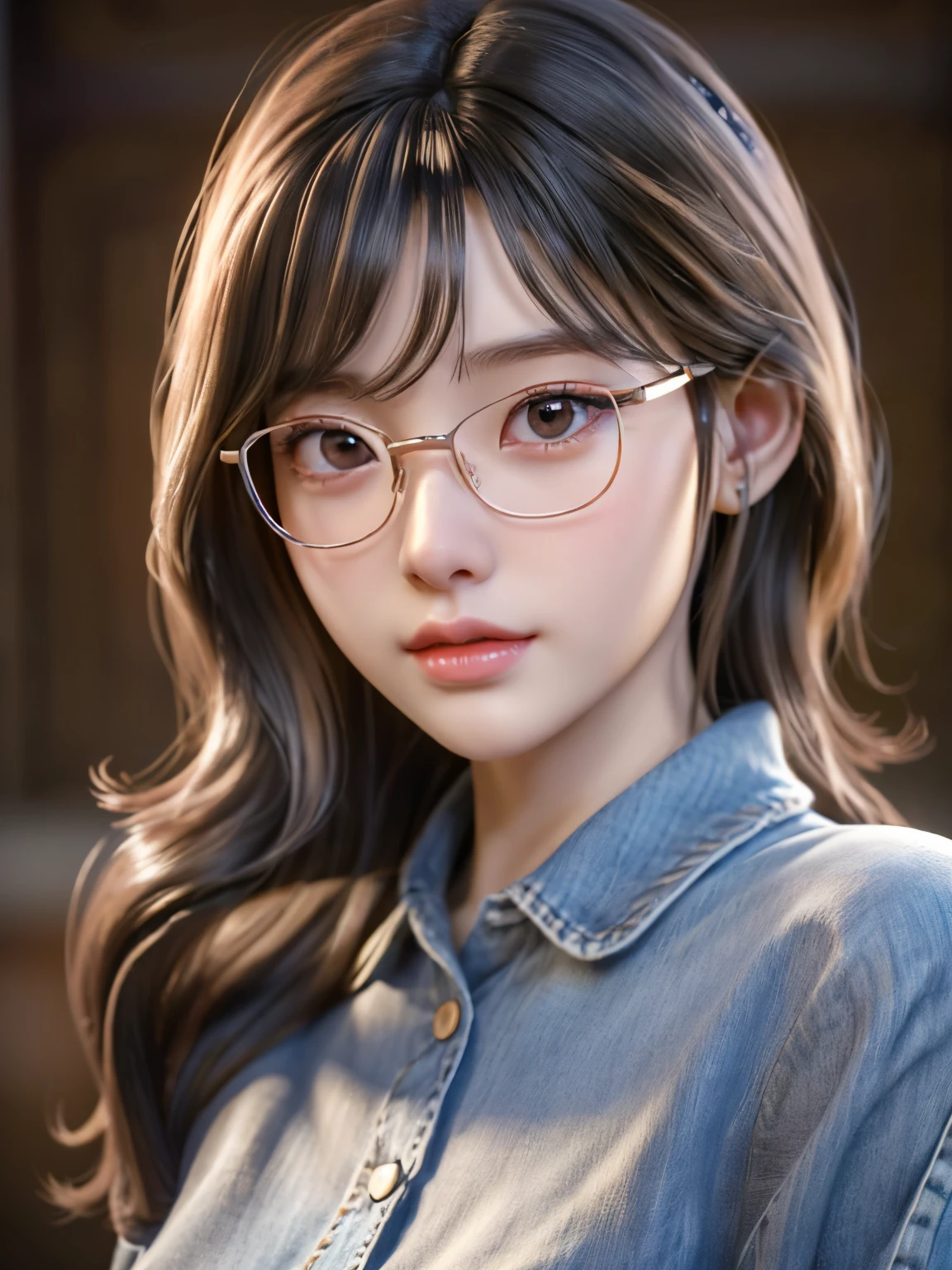 a cute tan Chinese girl wearing glasses, jeans, beautiful detailed eyes, beautiful detailed lips, extremely detailed face, long eyelashes, photorealistic, 8k, ultra-detailed, physically-based rendering, vivid colors, professional photography