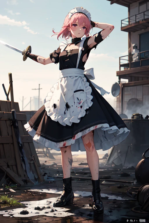 (((Highest quality)))(((High resolution)))((detailed))((Attention to detail))(Draw the whole body)cute, Pink Hair, Small breasts, Maid clothes(白と黒のMaid clothes,White apron, head band, Classic, Long skirt), (Fighting with a big sword), Double-handed sword(Western Design), Burning Battlefield, A powerful enemy stands before you, Clothing is torn by enemy attacks, The clothes are dirty, ((Clothes are stained with soot and mud:1.6))((My clothes are tattered:1.6)), Close race, fierce fighting, Fierce Battle, 敵の攻撃でMaid clothesがぼろぼろだ, (Torn Apron:1.6), (A tattered apron:1.6)Muddy, Covered with soot, spark, Fight desperately, Desperate, (My whole body was injured), wasteland,