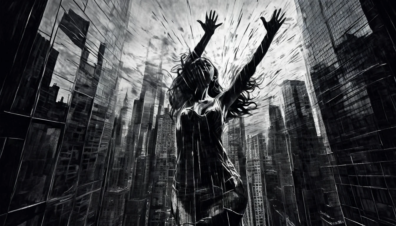 charcoal outline drawing, A close-up of a girl with outstretched arms falling from a glass skyscraper shrouded in darkness, reflection, Her form flickers, turning partially invisible, creating a haunting double exposure as she plummets, her expression a mix of fear and serenity against the backdrop of a fractured skyline