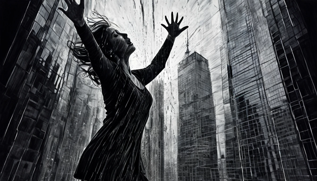 charcoal outline drawing, A close-up of a girl with outstretched arms falling from a glass skyscraper shrouded in darkness, reflection, Her form flickers, turning partially invisible, creating a haunting double exposure as she plummets, her expression a mix of fear and serenity against the backdrop of a fractured skyline