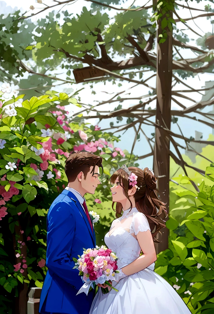 Beautiful wedding scene, two characters, both standing, full body view, Groom with Loid style brown hair from Spy x Family, wearing a blue suit, bride with blonde hair and a wedding crown and in an elegant white dress with a and holding a bouquet of flowers, Both smiling happily, incredibly beautiful faces, happy expressions, romantic background in a sakura garden with blooming flowers and soft lighting