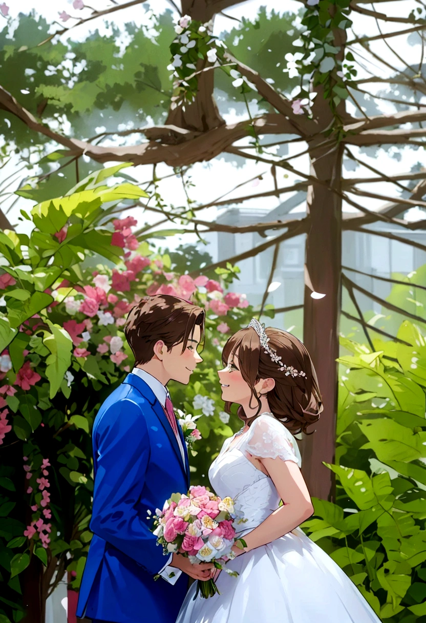 Beautiful wedding scene, two characters, both standing, full body view, Groom with Loid style brown hair from Spy x Family, wearing a blue suit, bride with blonde hair and a wedding crown and in an elegant white dress with a and holding a bouquet of flowers, Both smiling happily, incredibly beautiful faces, happy expressions, romantic background in a sakura garden with blooming flowers and soft lighting