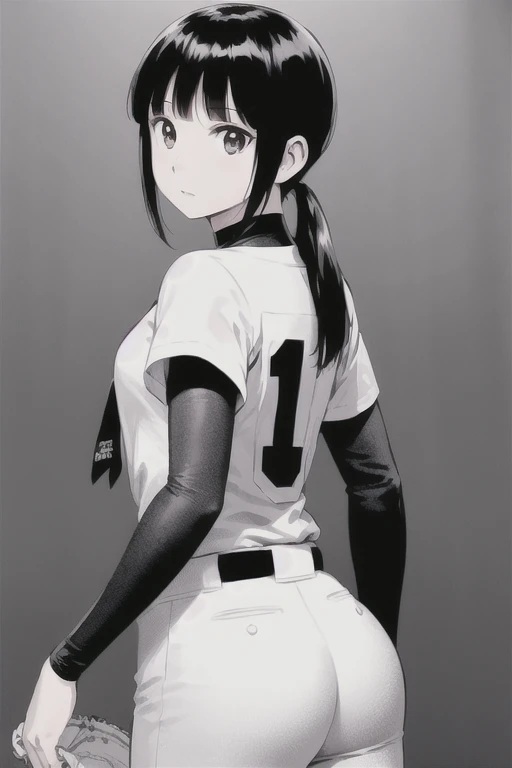 View your viewers,
Black Hair,(Tied Hair,Blunt bangs:1.2), Small breasts,
(Baseball uniforms:1.2), (Highest quality:1.3),One girl,Backwards、look back、Sexy pose