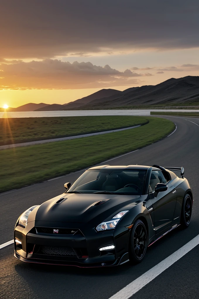 chibi image, 3D, anime of a dark man,with black glasses, and black beret, driving fast, in a convertible sports car, Nissan GTR R35, driving down the road, with the sunset. I will create an animated image in 16 format:9 for your YouTube channel.