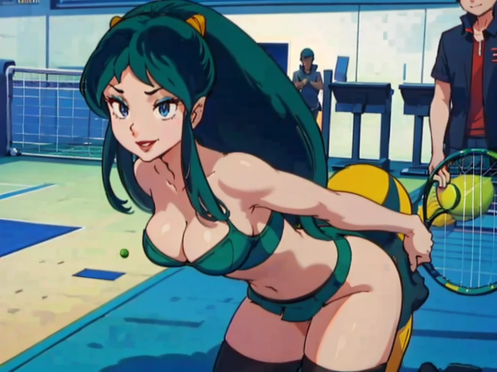 NSFW, masterpiece, (best quality: 1.2), long hair, blue eyes, green hair, worns, big breasts, evil_smile, sexy, ((tennis player)), red lipstick, fishnet stocking, ((seducing a boy)), boy touching woman, boy groping woman, boy groping woman from behind