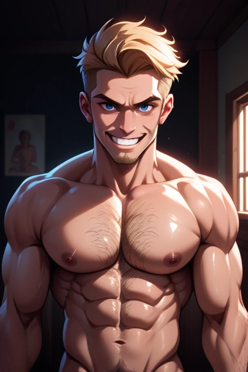 tall college man((cropped blonde hair); blue eyes; pale skin; muscular; athletic; ruggedly handsome; chest hair; lopsided grin; a bit rough-looking); in high-end apartment; best quality; trending on artstation; dark room with complex volumetric lighting; strong shadows; artistic lighting; dynamic; energetic vibe; realistic skin; specular highlights; micro-textures; highly detailed hair; darkened room; very dim and warm incandescent lighting; night time;