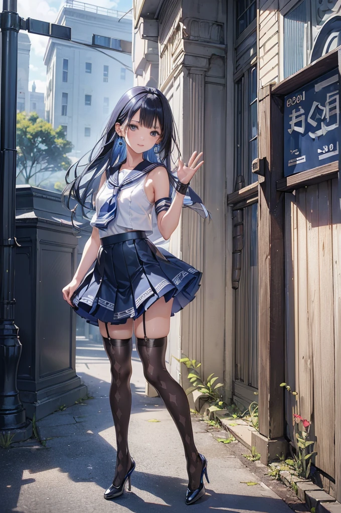 ((Biologically correct limb count)),(( From head to toe,Full-body photo including face)),4K,((Standing position)),masterpiece,((Focus on the face)),((Symmetrical facial features)),Eyes with detailed description,Beautiful woman,Great style,Beautiful arms,Beautiful legs,Beautiful Hands,(Small Ass,Thin thighs),Facial detailing,Small earrings,necklace,(Latex sailor suit,mini skirt((High heels,Patterned stockings))),((Meeting at the school gate)),Silk gloves,(((Blue black hair))),Realistic photo