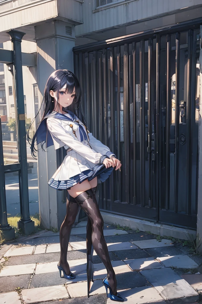 ((Biologically correct limb count)),(( From head to toe,Full-body photo including face)),4K,((Standing position)),masterpiece,((Focus on the face)),((Symmetrical facial features)),Eyes with detailed description,Beautiful woman,Great style,Beautiful arms,Beautiful legs,Beautiful Hands,(Small Ass,Thin thighs),Facial detailing,Small earrings,necklace,(Latex sailor suit,mini skirt((High heels,Patterned stockings))),((Meeting at the school gate)),Silk gloves,(((Blue black hair))),Realistic photo