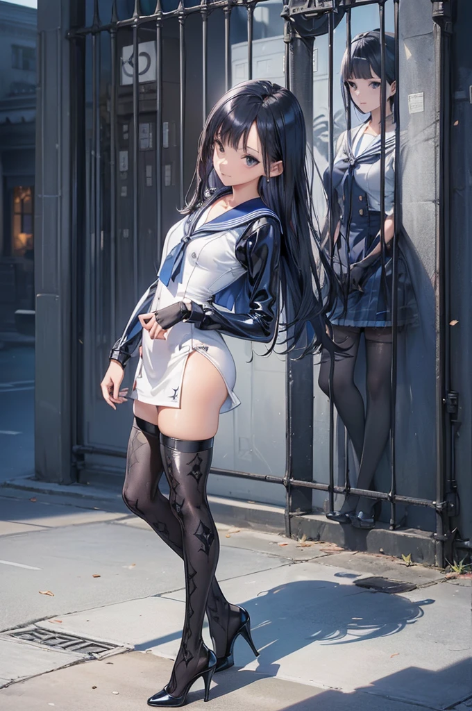 ((Biologically correct limb count)),(( From head to toe,Full-body photo including face)),4K,((Standing position)),masterpiece,((Focus on the face)),((Symmetrical facial features)),Eyes with detailed description,Beautiful woman,Great style,Beautiful arms,Beautiful legs,Beautiful Hands,(Small Ass,Thin thighs),Facial detailing,Small earrings,necklace,(Latex sailor suit,mini skirt((High heels,Patterned stockings))),((Meeting at the school gate)),Silk gloves,(((Blue black hair))),Realistic photo