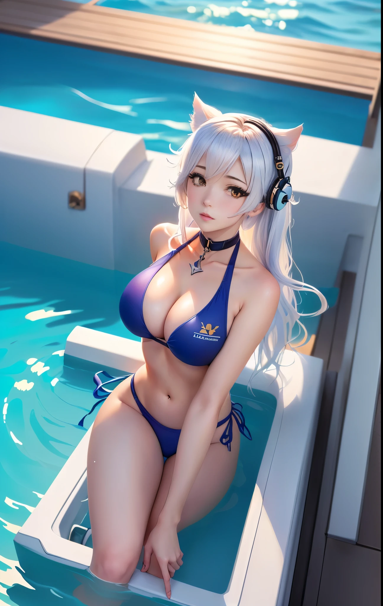 anime girl in swimsuit sitting on a boat, Kantai Collection Style, azur lane style, from the azur lane videogame, is wearing a swimsuit wear, seductive anime girl, Blue Water Anime Wallpaper, anime splash art , swimsuit wear, soft anime cg art, anime moe art style, , realistic bikini, in a pool