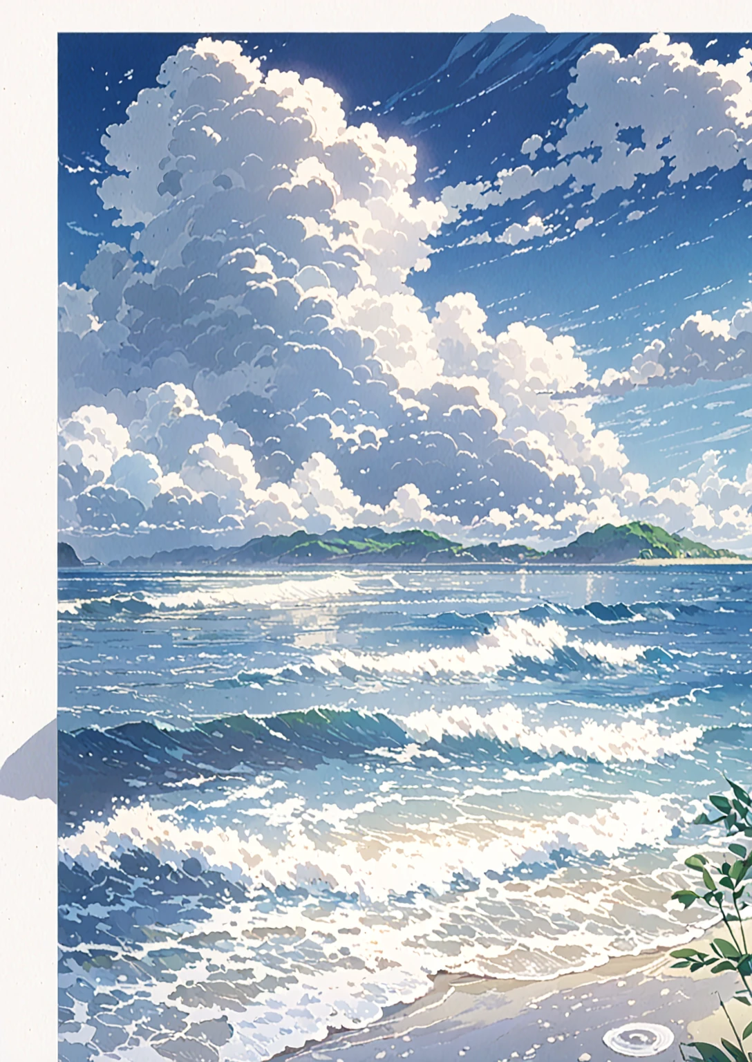 An anime-style beach painting，Cloudy sky，Rough seas, Blue Sea. by Shinkai Makoto, style of Shinkai Makoto, Detailed scenery —width 672, studio glibly Shinkai Makoto, Shinkai Makoto. High Detail, Shinkai Makoto. — 2160 hours, in style of Shinkai Makoto