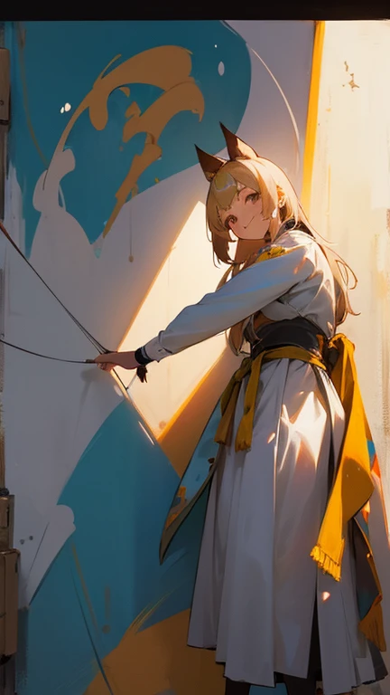 mural, mural, Graffiti on the wall. バンダナを巻いたギャング風のブラジル人女性のグラフィティmural. Happy color palette. 猫は袋の中にいる 少女が路上でmuralを見ている. The scene is illuminated by natural light. Realistic Ray Tracing.smile.pretty girl.