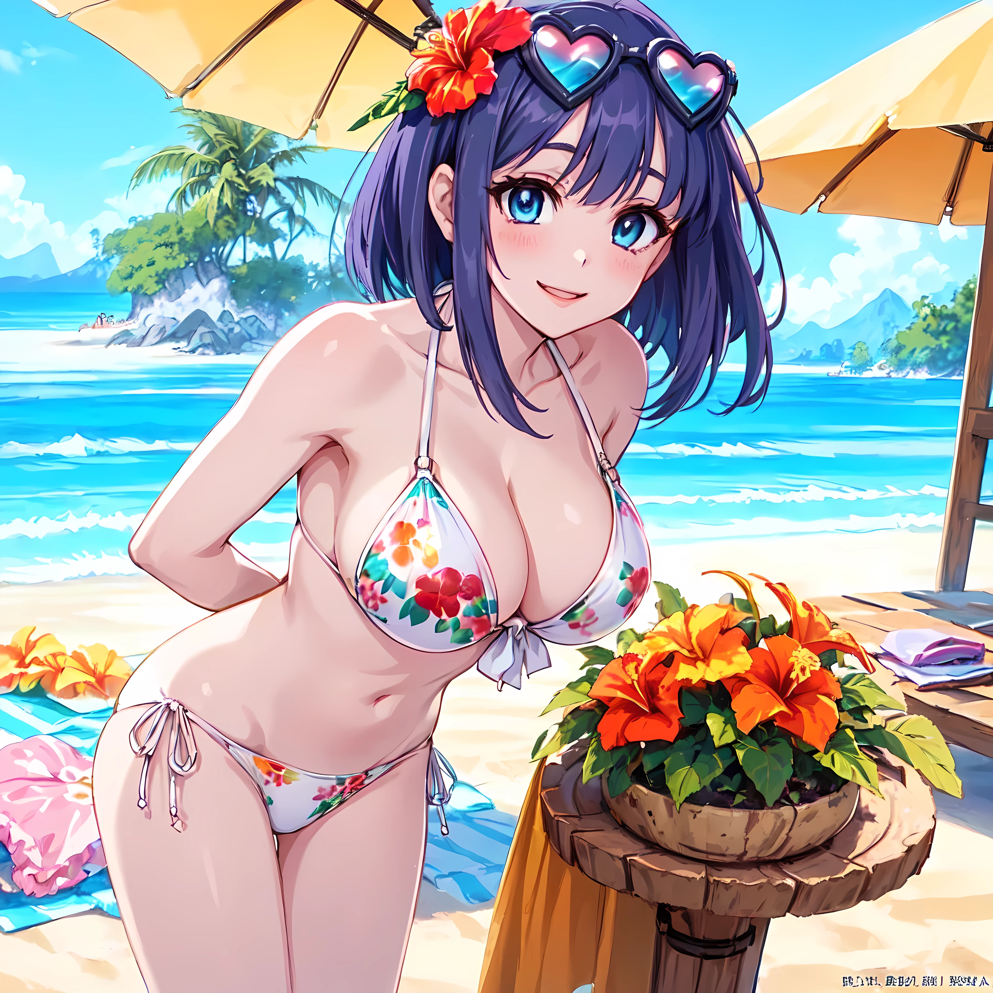 (((Highest quality)))、(((Perfect Anatomy)))、(((Beautiful posture)))、 (((A girl in a swimsuit with her arms behind her back and her hands hidden、Hibiscus on the left side of her hair for a voluptuous body、She is wearing heart-shaped sunglasses with rainbow-colored lenses on her forehead and is smiling provocatively.)))、(Light purple hair:1.8、Fluffy purple hair)))、(((Short Hair)))、 (((Big droopy eyes、 Light blue eyes with highlights)))、アニメ girl in bikini with fruit and sunglasses on her head, [ 4k yen digital art ]!!, アニメ moe artstyle, Official artwork, Realistic Bikini, アニメ style 4k yen, maAlso kitagawa fanart, Also, アニメ! 4K, アニメ! 4k yen, Naughty, seductive アニメ girl, (((A bikini with a white background and a floral motif, with few flowers))), clean detailed アニメ art, detailed digital アニメ art, 8K!!、Baby Face、Big Breasts、(((Tropical Beach、Blue sky)))、Black and white ribbon on wrist、solo