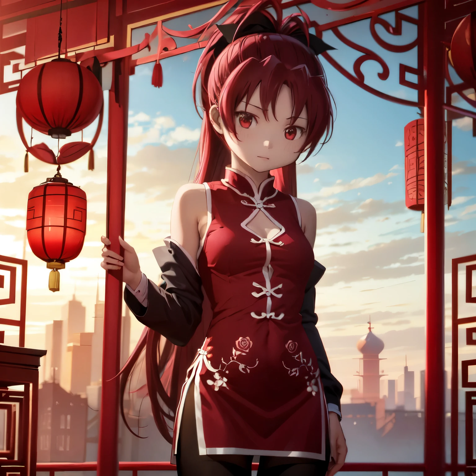 Redhead ponytail、red eyes、Beautiful girl alone、chinese clothes、Bright red rose garden、Black tights