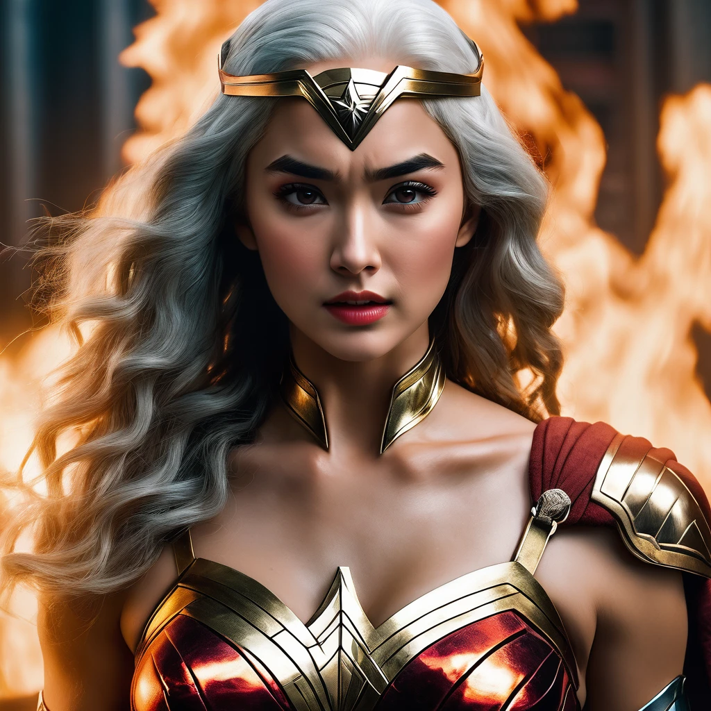 Full body, (((Cinematic epic poster))) of wonder woman, 20 years old, ((white hair)), facial expression, Gothic style, (((detailed face))), (a detailed RAW photo of a ), (master part:1.0), (best quality:1.4), (Ultra Highres:1.2), (photorealistic:1.4), 8K resolution, Canon EOS R5, 50 millimeters, Absurd, Ultra Detailed, sharp focus, Cinematic lighting, detailed face, (ULZZANG-6500-V1.1), detailed skin texture, pale skin, chest round, (pale :0.5), Cinematic lighting. (((Abstract flame background, cinematic lighting )))