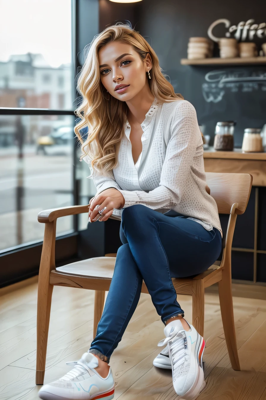 high quality,16K:1.1),((, German woman sitting on a chair in a coffee shop）, 、(Full Body Shot:1.2),(),Blonde wavy hair、、ear piercing、smile、Beautiful teeth alignment、((Long sleeve blouse、Skinny jeans、sneakers)), ,(View your audience:1.3),The background is a coffee shop
