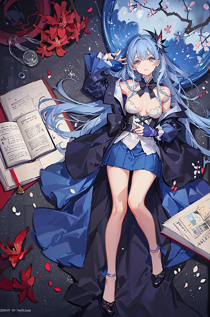 A girl with long blue hair, wearing a student skirt, holding a book, sad face, surrounded by falling petals of the spider lily, the colors are magical and shimmering, the effect is magical and filling. remote, panoramic view from afar