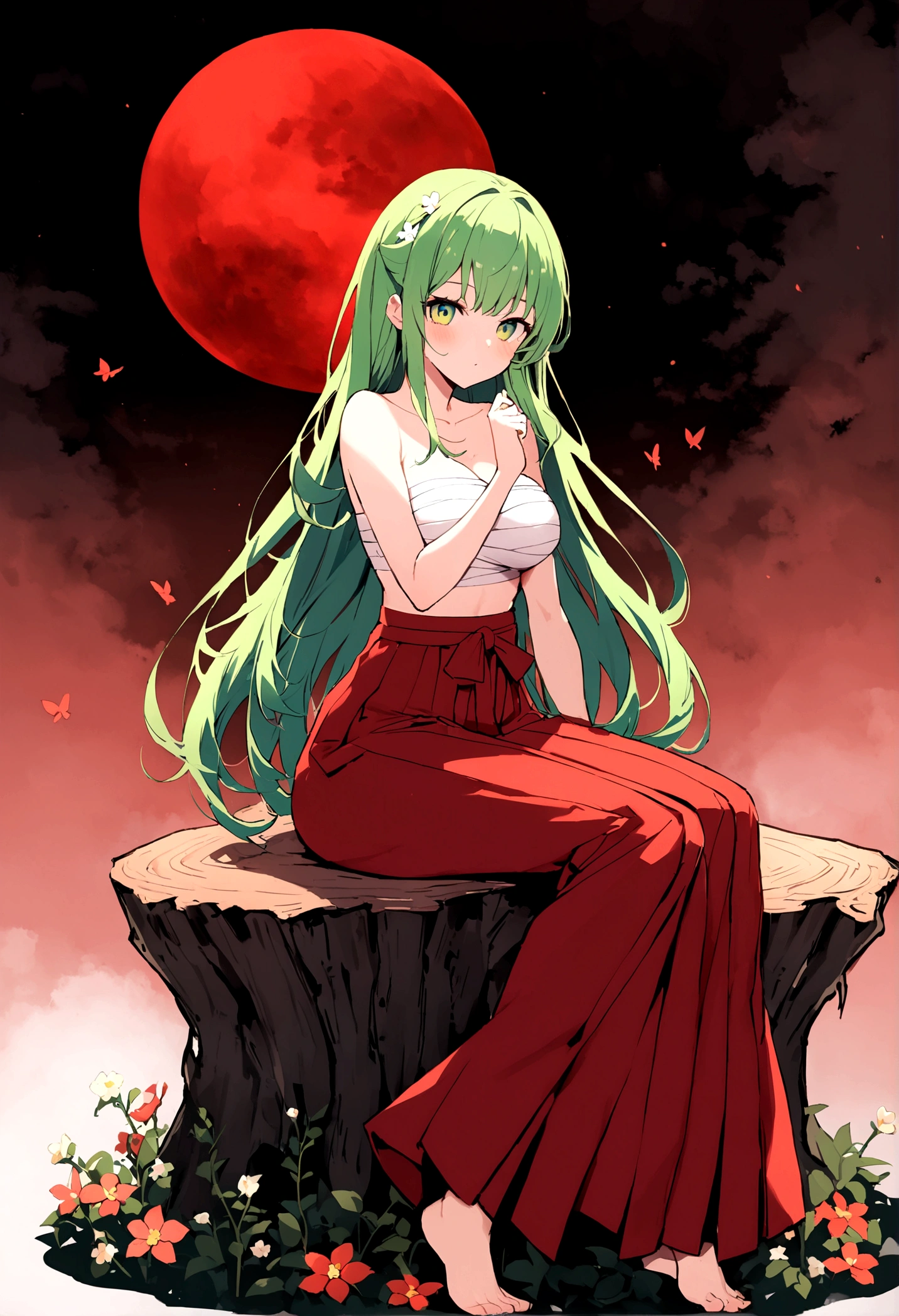 Beautiful anime style girl with long hair,(((Green Hair)))long medium hair,(((Highest quality)))Transparent Hair,Cool face,Confused face,(((Green Eyes))),Fun Beautiful Girl,(((A well-defined, glamorous body)))Tight waist,Big Breasts,(((flower柄の和服)))A beautiful and radical girl wearing a radical orange kimono,(Butterfly ornament),全身にVineで巻かれている,((Hakama)),((Sarashi)),Fair skin,(((Sexy pose))),(Sitting on a stump)),(Cross-legged figure),(((detailed)))Full Body Shot,Vine,flower,Countless butterflies,(((background)))fog,Red Moon,flower畑,In the dark forest。