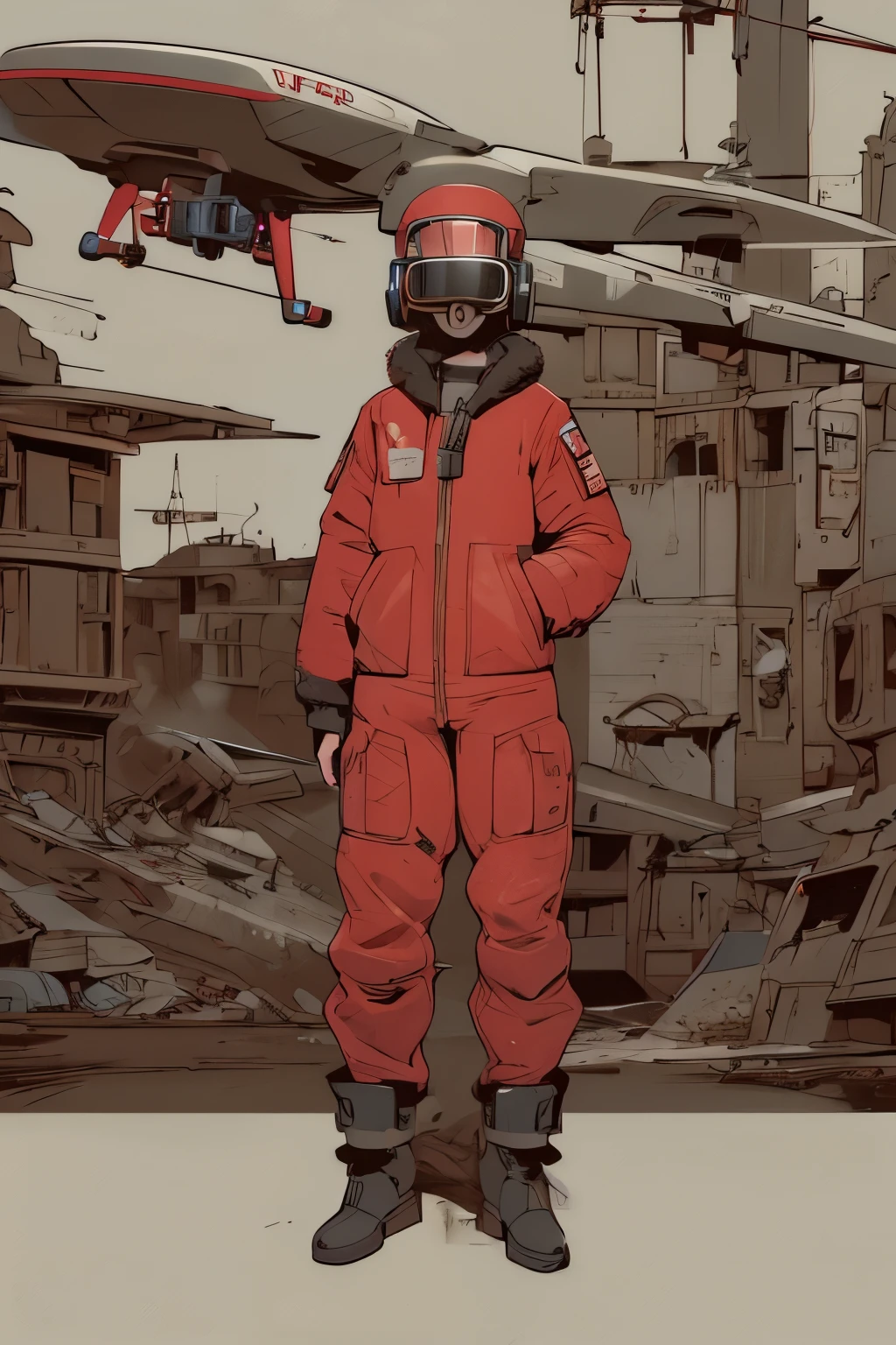 full body image, (ultra detailed,ultra high res,detailed background),((2D)),((flat color)),((muted color)), 1solo, looking at viewer, baggy red flight suit, large shearling collared bomber jacket, (big yellow galoshes), plush collar, full body image, wearing vr goggles, ((baron desert intricut background)), ((apocalyptic city)), entire body in frame, ((drone next to her))