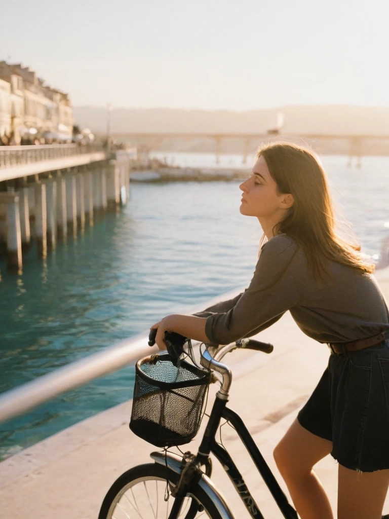 Close up, 1girl, aesthetic, bicycle, Nice, France, pier, morning sun, 