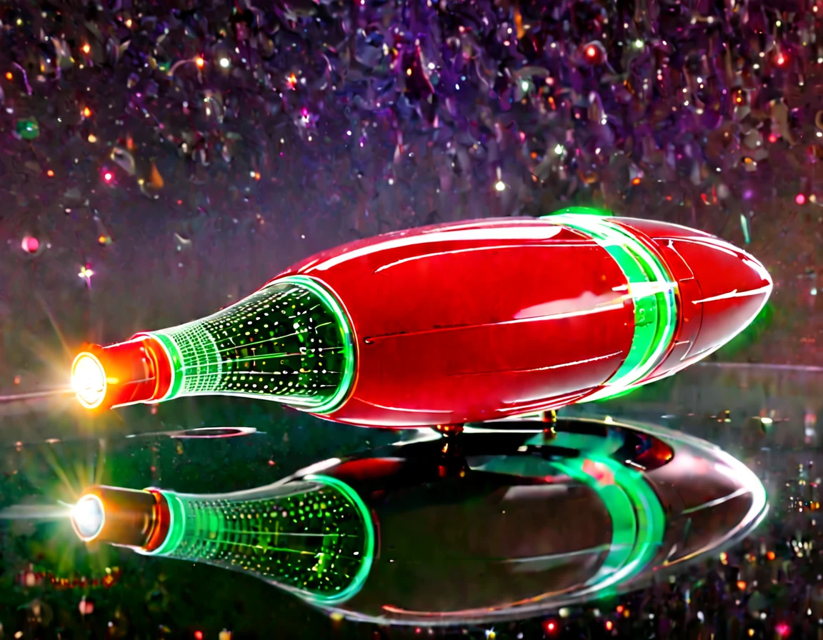 An advanced starship traveling through space, set against a gradient sky of dark green to red with tiny stars. The ship’s sleek design includes a prominent circular front, elongated body, and nacelles, with a metallic finish and bright lights accentuating its futuristic look.
