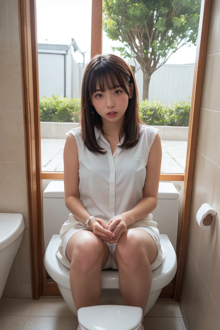 Highest quality, Intricate details,
One girl,
POV Entrance, indoor, Outdoor, (Caught, Sitting on the toilet, Bottomless, Blushing, surprised, View your viewers:1.3), Open your mouth,