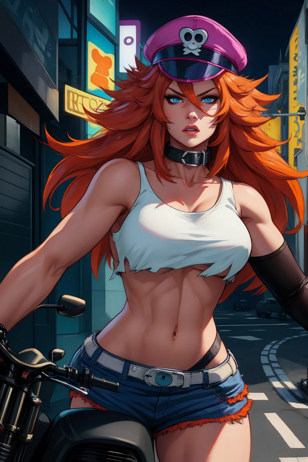 roxy,orange hair,blue eyes,long hair,white crop top,single elbow glove,collar,short red shorts,
peaked cap,
upper body,looking at viewer
driving a motocicle,night,neon lights,streets,
(insanely detailed, masterpiece, best quality),solo,