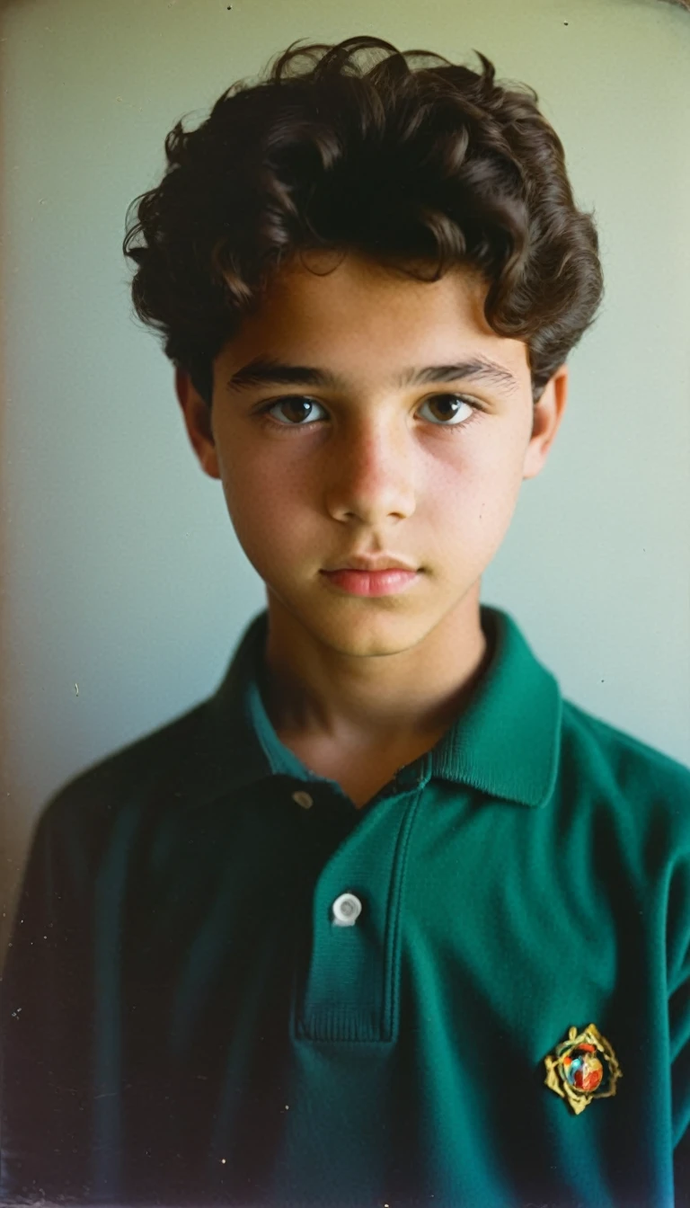 analog film photo, modern day photo of a young student, 14 years-old, male, brown-black hair, short curly quiff, brown eyes, caucasian, round face, oval-shaped jawline, bulbous nose, full lips, thick eyebrows, soft features, stocky broad frame, chubby, resembles Gaten Matarazzo, (relaxed school uniform:1.1), silhouette, backlit, split lighting, half face in shadow, RAW Photograph, dslr, hard lighting, hard shadows, high quality, film grain, Fujifilm XT3, detailed skin with visible pores, insane details, masterpiece, 8k, 35mm photograph, dslr, kodachrome, faded film, desaturated, 35mm photo, grainy, vintage, Kodachrome, Lomography, stained, highly detailed, found footage, yearbook portrait, contemporary, 2024