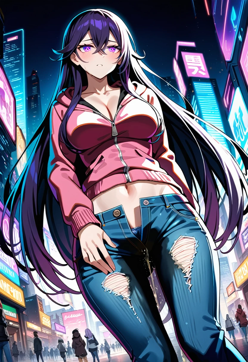 (masterpiece:1.37), best quality, (extremely detailed:1.37), woman, (very long hair:1.5), dark purple hair, purple eyes, (extremely detailed eyes:1.37), hoodie, cleavage, navel, jeans, open fly, desperation, (wetting: self 3.0), standing, city, futuristic, neon lighting, high-tech