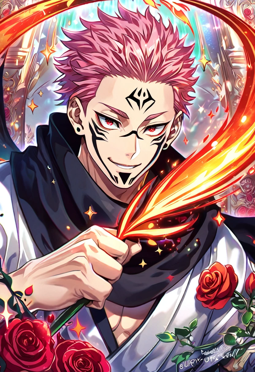 (absurdres, highres, ultra detailed, HDR) master piece, best quality, extremely detailed face, delicated features, Ryoumen Sukuna, pink hair, expressive red eyes, Jujutsu Kaisen, solo, sexy man, handsome, smile, white kimono, black scarf, magical fantasy, glittering, sparkling, red roses, radiant, res sparkling fireflies, red fire, envy magical, fantasy