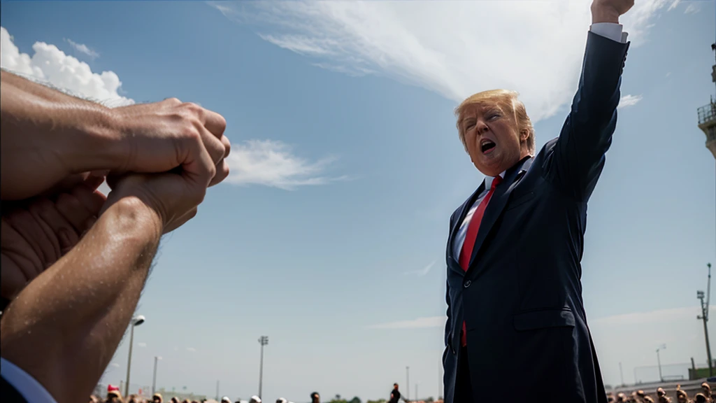 ((best quality)), donald trump, fist in the air, yelling, side view,