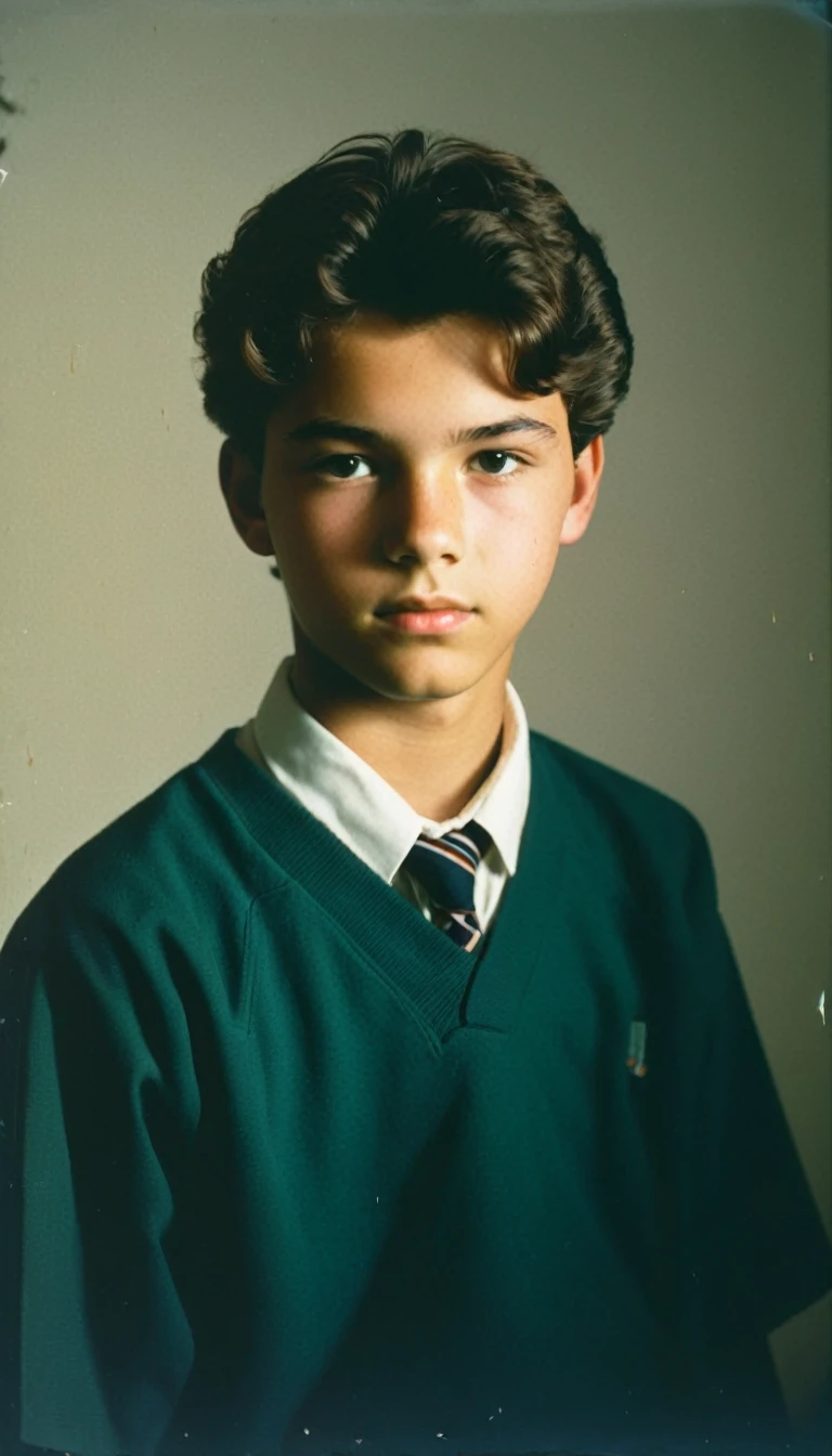 analog film photo, modern day photo of a young student, 14 years-old, male, brown-black hair, short curly quiff, brown eyes, caucasian, round face, oval-shaped jawline, bulbous nose, full lips, thick eyebrows, soft features, stocky broad frame, chubby, fat, resembles Gaten Matarazzo, (relaxed school uniform:1.1), silhouette, backlit, split lighting, half face in shadow, RAW Photograph, dslr, hard lighting, hard shadows, high quality, film grain, Fujifilm XT3, detailed skin with visible pores, insane details, masterpiece, 8k, 35mm photograph, dslr, kodachrome, faded film, desaturated, 35mm photo, grainy, vintage, Kodachrome, Lomography, stained, highly detailed, found footage, yearbook portrait, contemporary, 2024