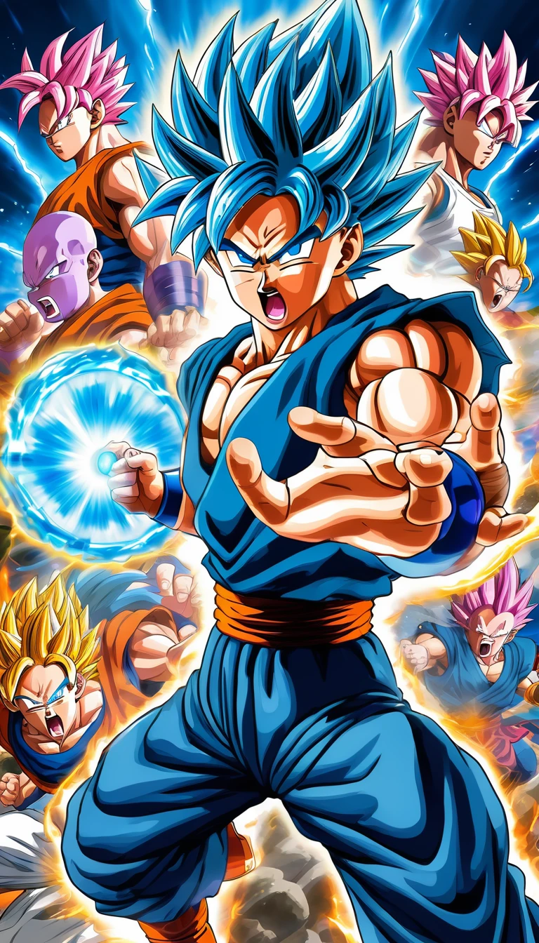 Manga cover, intense fight, (7 different forms of son goku super saiyan god mode ((unleashing random form blue rayed kamehameha:1.2)) , fighting majin buu ) , random fight scene, (multiple views:1.2)