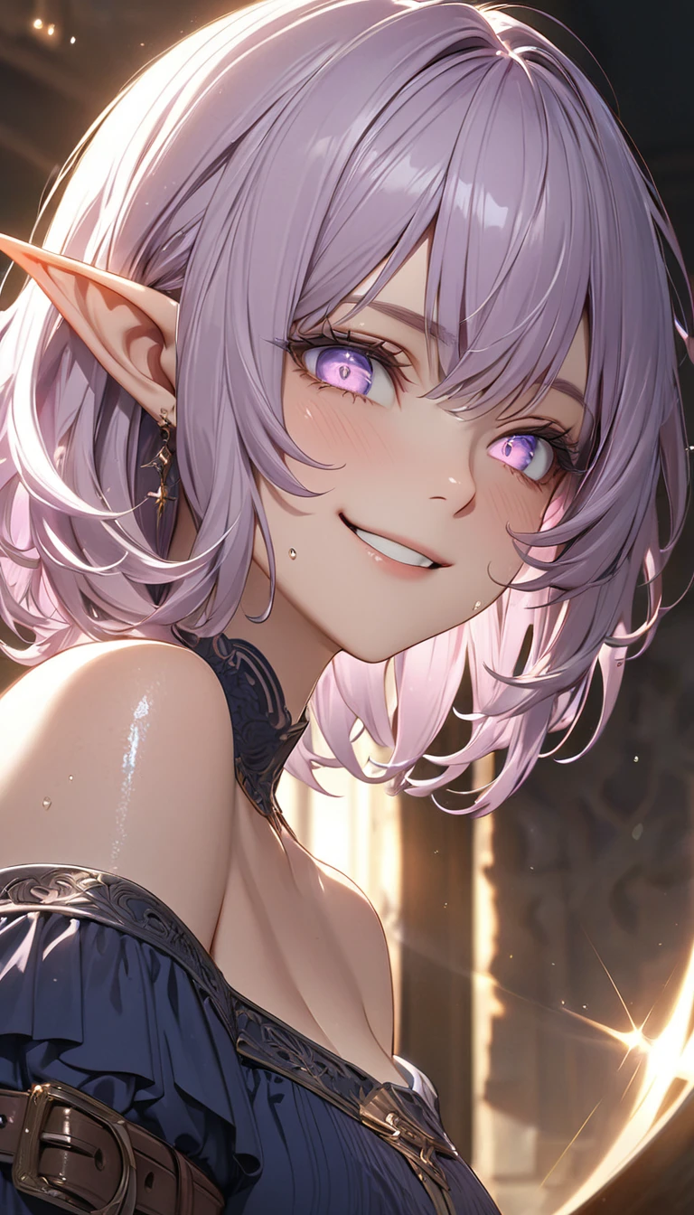 light purple hair, shiny hair, medium hair, ribbon, mismatched pupils, long pointy ears, elf, evil smile, sparkle, reflection light, ((masterpiece)), (super detail), textured skin, high quality, highres, best quality, (high details), detailed eyes, detailed face, fantasy animation, sunlight, off-shoulder, navy dress, brown belt, jewelry