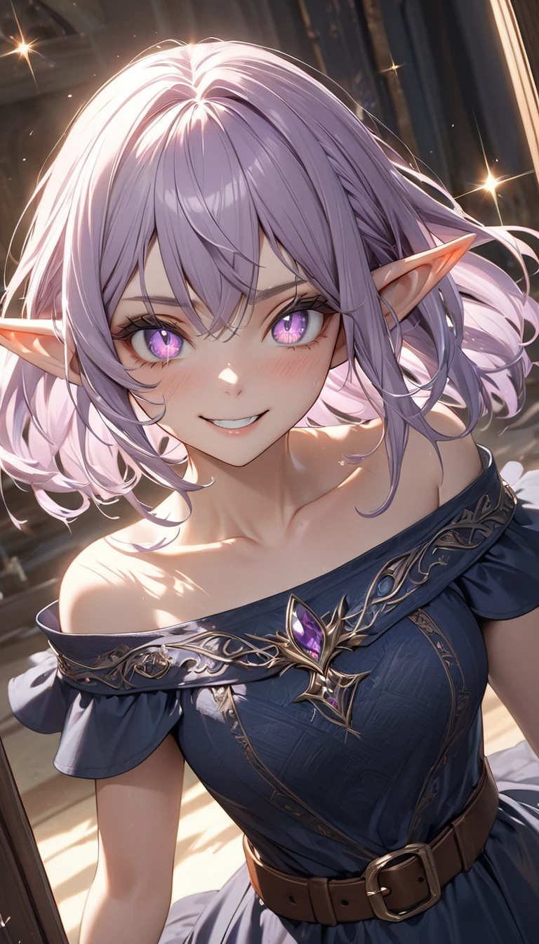 light purple hair, shiny hair, medium hair, ribbon, mismatched pupils, long pointy ears, elf, evil smile, sparkle, reflection light, ((masterpiece)), (super detail), textured skin, high quality, highres, best quality, (high details), detailed eyes, detailed face, fantasy animation, sunlight, off-shoulder, navy dress, brown belt, jewelry