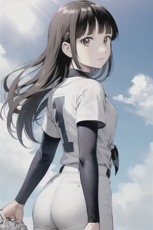 View your viewers, 
Black Hair,(Tied Hair,Blunt bangs:1.2), Small breasts, 
(Baseball uniforms:1.2), (Highest quality:1.3),One girl,Backwards、look back