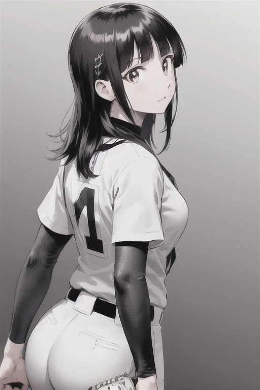 View your viewers, 
Black Hair,(Tied Hair,Blunt bangs:1.2), Small breasts, 
(Baseball uniforms:1.2), (Highest quality:1.3),One girl,Backwards、look back