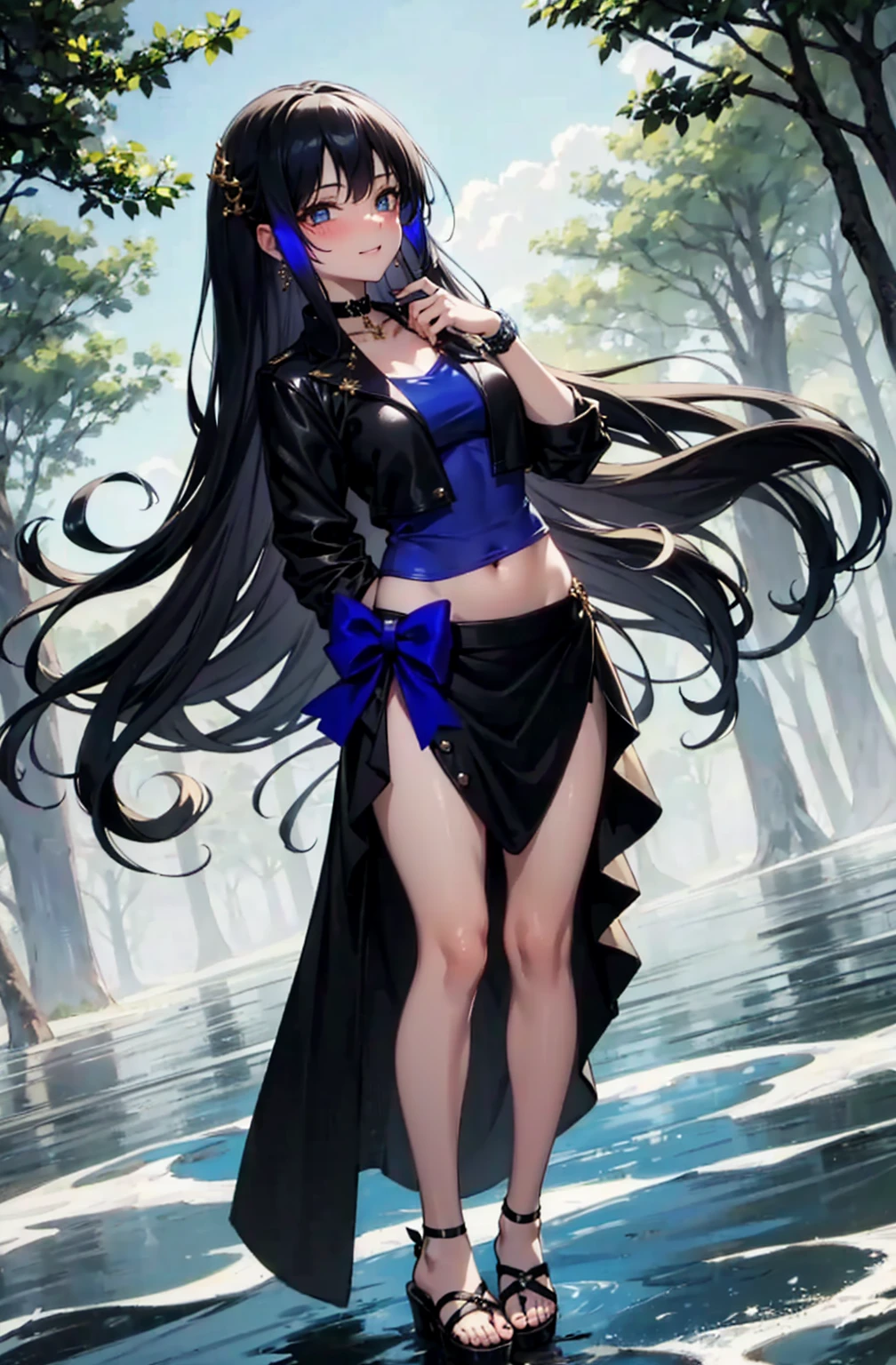 1girl, solo, accurate, forest-background, sunset, clouds, sunny-background, in-the-middle-of-nowhere, detailed, detailed lighting, absurdres, high resolution, sharp, ultrasharp, 8K, masterpiece, looking at viewer, looking-at-husband-which-is-the-viewer, cowboy shot, beautiful, depth of field, blurry background, masterpiece, best quality, married, large-breasts:1.3, beautiful-face, half-closed-eyes, navel, standing, best quality, 28 years old:1.5, long hair, straight hair, black hair, sexy large bangs, detailed fingers, beautiful fingers, detailed toes, beautiful toes, perfect fingers, perfect toes, shrine maiden, shinto, blue hair ties, blue hair tubes on side of the head, beautiful long legs, beautiful body, beautiful nose, perfect face, mature:1.1, mature female:1.2, slight-muscle-on-the-arms, female-muscle-body_(small), badass, sexy, gorgeous, woman, perfect, happy, in-love, smile, grin, romantic, true-love, stunning, wholesomeness, pure-love, emo, detailed jacket, sexy-black-leather-jacket, blue shirt, black-plain-choker-necklace_(nothing-on-it), detailed long skirt, blue bow on long skirt, long black skirt, flipflops, full-body, woman, black eyeliner (makeup), blue eyes, cool, gold-wedding-ring-on-the-right-hand, darkness-around-girl, small-blue-ear-rings, blue-fingernails, dull character design, simple character design, style, change, some-skin, exact, hauntingly beautiful, otherworldly vibe, immersive experience, emotional connection, cute-blush, alone,