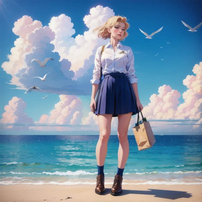 work of art, best qualityer, 1 girl, Bird, seagull, sky, nube, polka_point, cerulean_sky, standing alone, nubey_sky, error, borboleta, giorno, blush, flock, plein-air, Abigail