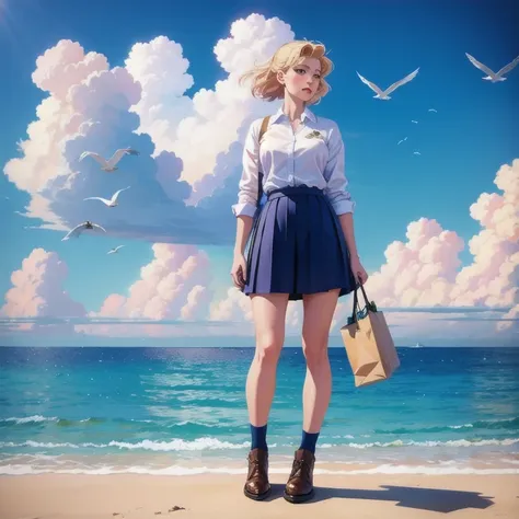 work of art, best qualityer, 1 girl, bird, seagull, sky, nube, polka_point, cerulean_sky, standing alone, nubey_sky, error, borb...