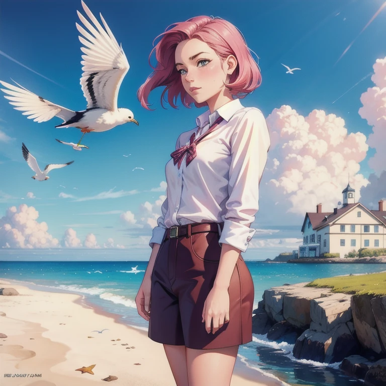 work of art, best qualityer, 1 girl, Bird, seagull, sky, nube, polka_point, cerulean_sky, standing alone, nubey_sky, error, borboleta, giorno, blush, flock, plein-air, Abigail