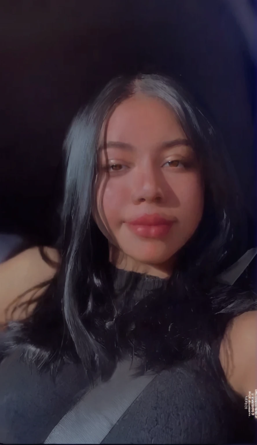 Woman with black hair, brown eyes and red cheeks